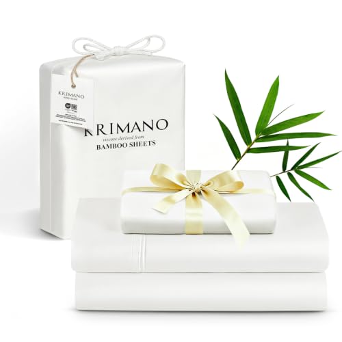 KRIMANO Twin Size Sheet Set Viscose Bamboo Sheets for Bed Set 3pcs 100% Viscose Derived from Bamboo Hotel Luxury Silky & Cooling for Hot Sleepers Deep Pocket Up to 17 White