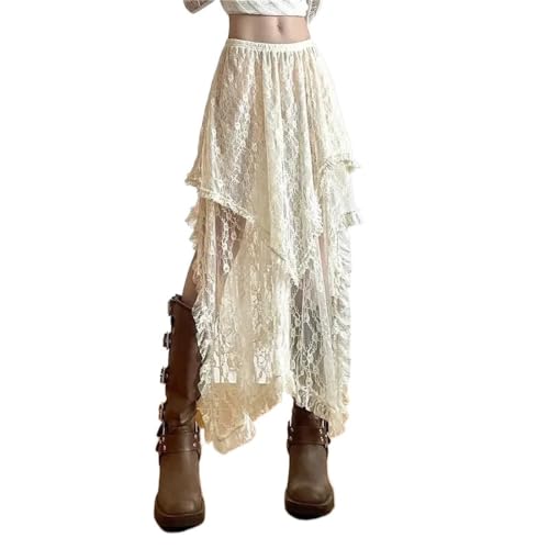 Jupe asymétrique en dentelle style vintage Y2K avec taille haute rétro