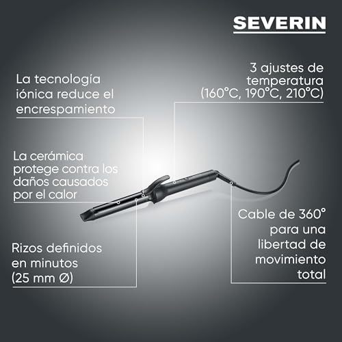 Severin rizador de pelo, 25 mm, revestimiento cerámico, 3 ajustes de temperatura (160-190 - 210 °C), cabello fino a grueso, ondas naturales, tecnología iónica, calentamiento rápido, negro, LS 0822 - imagen 2
