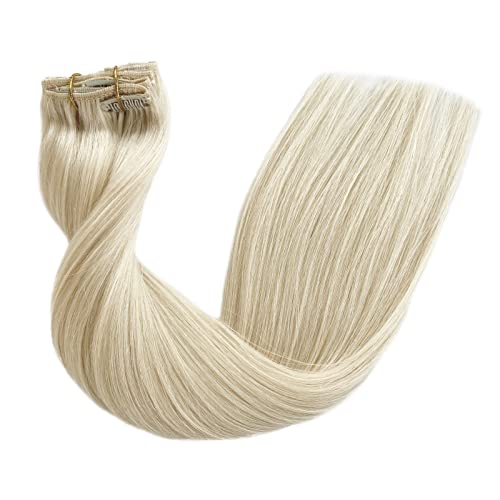 Image of Platinum Blonde Clip in Hair Extensions Real Human Hair Blonde 70g 5pcs Remy Hair Extension Clip ins Double Weft Handmade Straight Seamless Clip in Extensions for Women Thick Ends 16 Inch