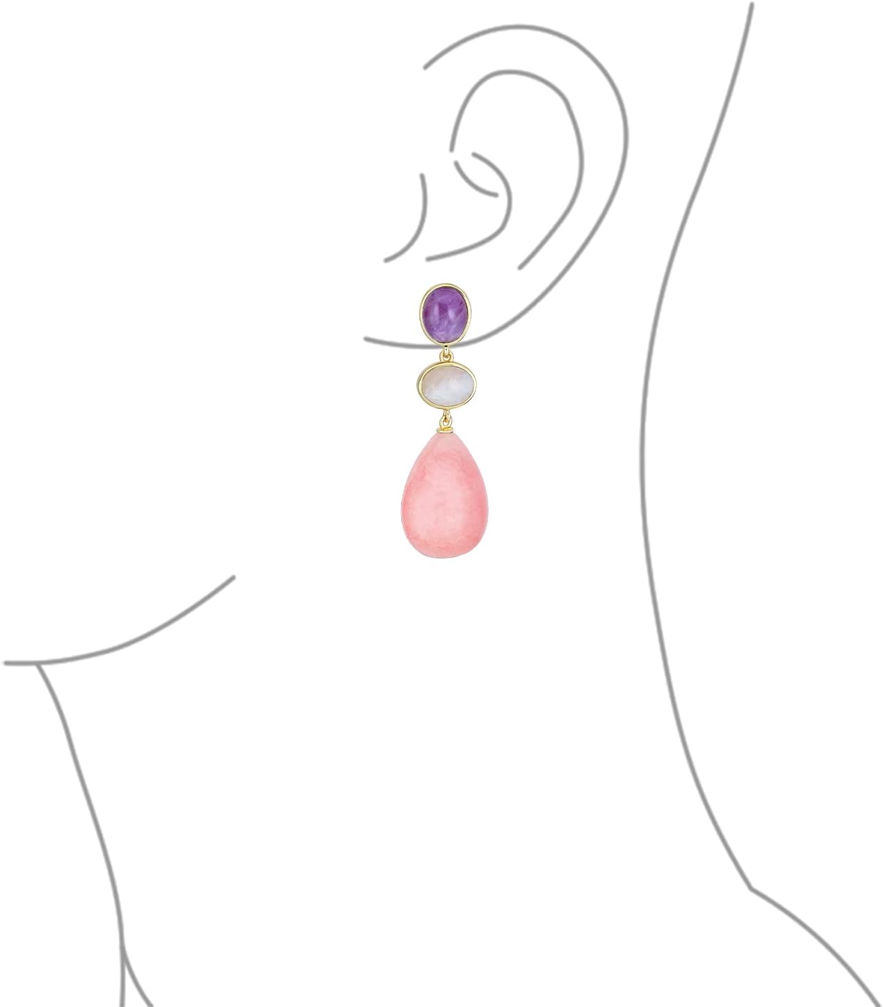 Linear Multi Color 3 Tier Natural Gemstone Black Onyx Blue Turquoise Navy Sodalite Rose Quartz Chandelier Elongated Long Teardrop Dangling Earrings for Women Teens Silver Plated