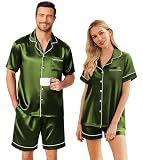 Ekouaer Satin Matching Pajamas Sets Couple Silk Button Down Sleepwear Women & Men Short Sleeve Pjs Lounge Set Dark Army Green,M