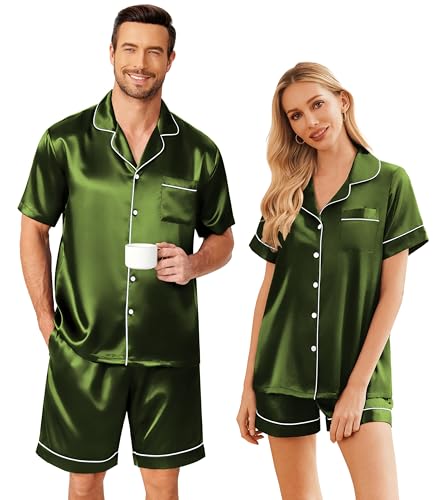 Ekouaer Couple Matching Pajamas Sets Silk Short Sleeve Button Up Sleepwear