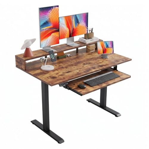 Image of TEKAVO Thron Height Adjustable Table for Office Work | Electric Standing Table Workstation with Monitor Riser with Keyboard Tray for Home Office| 60 kg Load Capacity |150L x 60W | Forest I DIY
