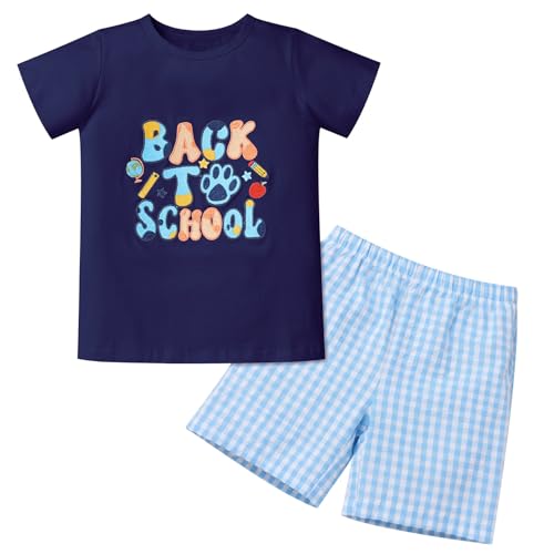 IMEKIS Back to School Outfits for Boy: First Day of Kindergarten Shirt Top with Shorts Matching Sets Picture Day Clothes Toddler Kids Preschool Embroidered Pre k Graduation Navy + Sky Blue 4-5T