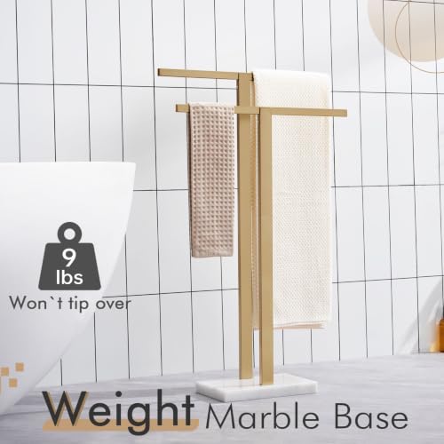 Image of KOKOSIRI Bathroom Towel Rack 2-Tier Free Standing Towel Bars with Marble Base, Stainless Steel Stand Towels Holder, Thicken Steady Design, Champagne Bronze THS0003-CPG