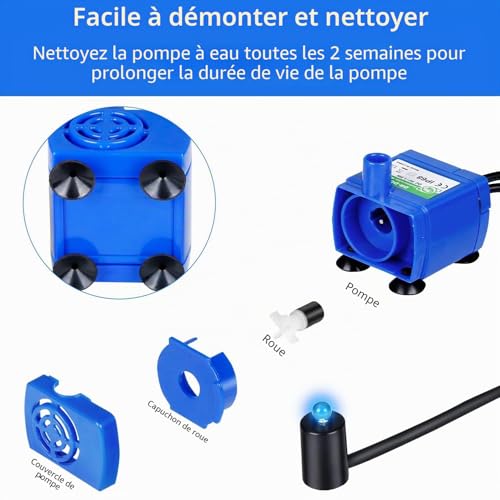 Vindox Pompe de Fontaine à Chat DR-DC160 Avec Lumière LED et Câble de 170 cm pour 2L Fontaine (Pas d'Adaptateur USB) – vue 6