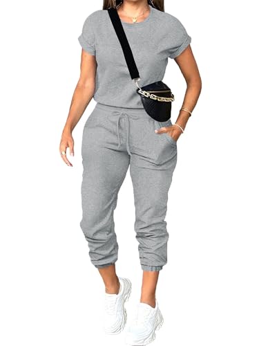 PINSV Women's 2 Piece Outfits Tracksuit Sets Short Sleeve Tops Jogger Pants with Pockets Gray M