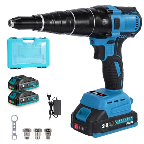 Yofidra Pistolet à riveter sans fil - Riveteuse électrique 20000 N, Pince à rivets sans balais avec LED, 2 batteries 2000mAh, Riveteuse sans fil pour rivets 2,4-5mm, aluminium et acier inoxydable