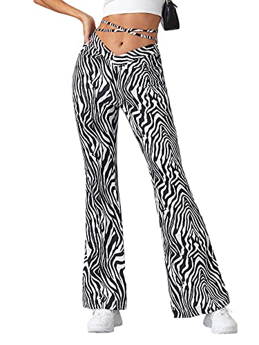 WDIRARA Women s Cut Out Wide Leg Flare Pants High Waist Stretch Self Tie Solid Long Pants Zebra Crisscross Multicolor S