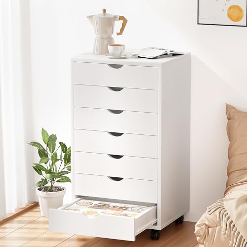 Image of 7 Drawer Chest, Dressers Storage Cabinets, Dresser Mobile Cabinet with Wheels, Drawers Organization Furniture for Office, Home, White