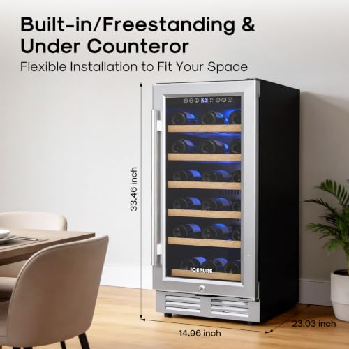 Image of ICEPURE 15 Inch Wine Fridge, Under Counter Small Wine Cooler Refrigerator | 28 Bottle, 41-65℉ Control, Double-layer Glass Door, Removable Shelves, Freestanding or Built-in for Home Kitchen Bar Office