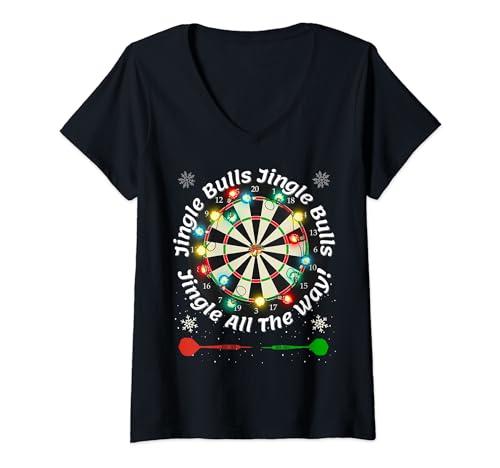Womens Funny Christmas Darts 'Jingle Bulls All The Way' Xmas V-Neck T-Shirt