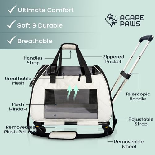 Rolling Cat Carrier with on Wheels, Small Dog Pet Car Travel Carrier Collapsible Bag with Rollers Wheels, Carrier for Cats Under 20 LBS/Dog Puppy Under 20 LBS (Large Size, Not for Airplane)