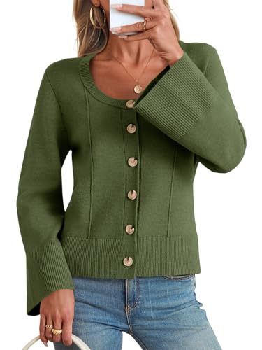 Image of Saodimallsu Womens Bell Sleeve Cardigan Sweaters Button Down Long Sleeve Fall Trendy Sweaters 2025 U Neck Knit Outwear
