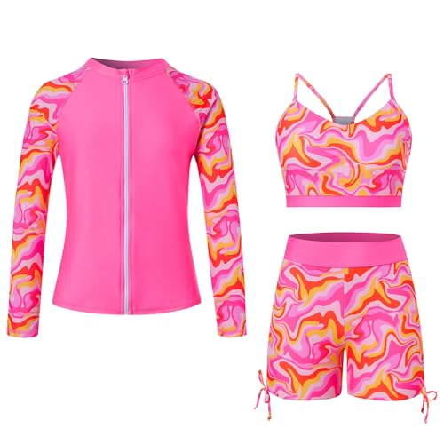 Image of Funnycokid Girls Swimsuit 3 Pieces Zip Rash Guard Bathing Suits Set Kids Bikini Boyshort Summer Swimwear 3-14 Years