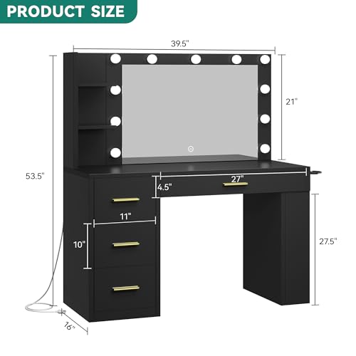 YITAHOME Vanity Desk with Mirror & Lights, Makeup Vanity Table Set with Power Outlet, 4 Drawers, 6 Open Shelves Above and 3 Adjustable Shelves Below, 3 Lighting Modes Dressing Table Black