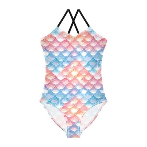 senya Girls Swimsuits One-Piece Swimwear Tie Bathing Suit Beach Summer Round Neck 9-10T Pastel Mermaid Scale Rainbow