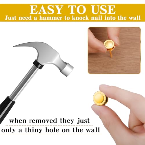 Image of Ferraycle 40 Piece Double Headed Picture Hangers Nails 4 Size Thumb Tacks for Wall Hanging Renter Friendly Decor Heavy Duty Push Pins Wall Nails for Drywall Frame Art, 10 /20 / 30 / 50lb(Gold)