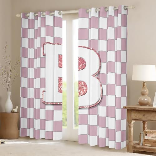 Image of Erosebridal Pink Initial B Blackout Curtains for Kids Girls Bedroom Kawaii Plaid Checkered Window Curtains 2 Panels 38 inchWx54 inchL Cute Personalized Monogram Drapes,Fashion Grids Gingham Window Treatments