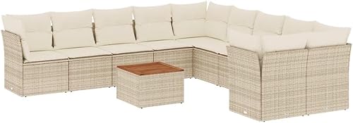 Miniatura 3 de 11 Piece Modern Garden Sofa Set in Beige and Brown, Durable PE Rattan and Acacia Wood Outdoor Furniture with Modular Design, Weather-Resistant