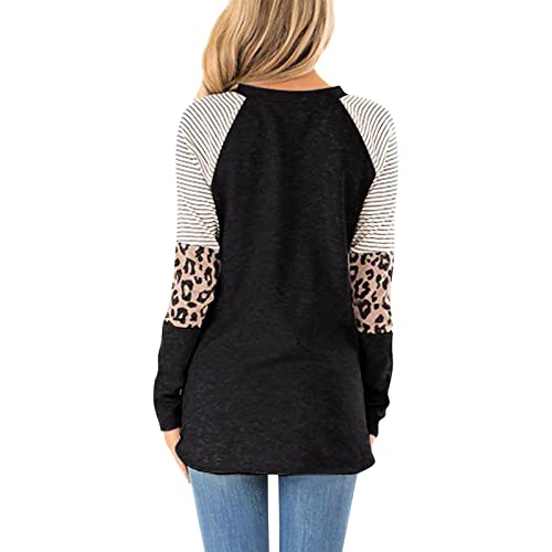 Long Sleeve Shirts For Women Fashion 2022 Plus Size Raglan Shirt Leopard Print Striped Cozy Soft Crewneck Sweatshirts Top Tees Blouses Fall Clothes Tunic Tops To Wear With Leggings(A Black,X-Large) #TOP1