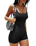 Ekouaer Jumpsuit Damen Bodysuits Kurz Bodycon Einteiler Jumpsuits Spaghetti Elastischer Strap Romper Bauchweg Body Suit Overall für Fitness Yoga Schwarz L
