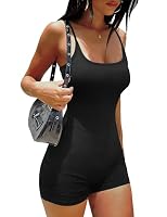 Ekouaer Jumpsuit Damen Kurz Bodycon Einteiler Jumpsuits Sport Romper Spaghetti Traeger Elastischer Bauchweg Rippstrick Dehnbar fuer Fitness Yoga Workout Schwarz XL