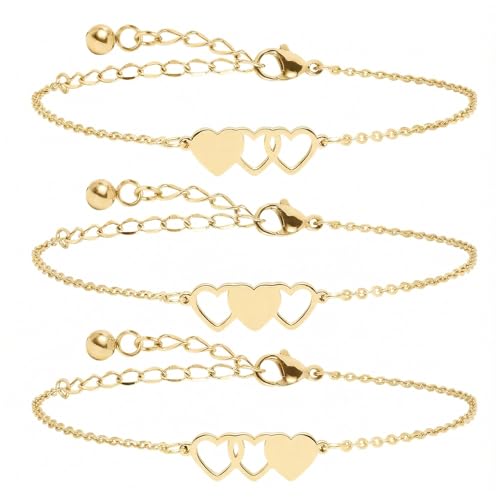 Image of 2 & 3 Pcs Triple Heart Link Sister BFF Bangle Bracelet Set | Matching Bestie Friendship Jewelry, Mother's Day Graduation Gifts for Women Teengirls