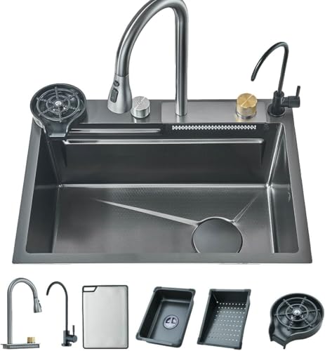 JUNSOTTOR | Évier Cuisine Inox 1 Bac Ultra-Fonctionnel | Planche Intégrée + Robinet Cascade...