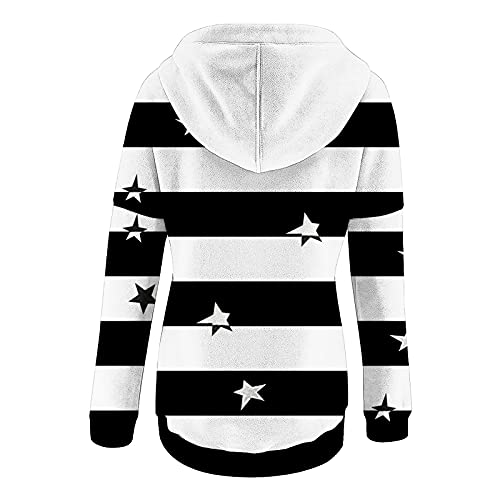 Women's Hooded Sweatshirts Trendy Stripes Stars Print Long Sleeve Loose Casual V-Neck Button Drawstring Hoodies Tops #TOP6