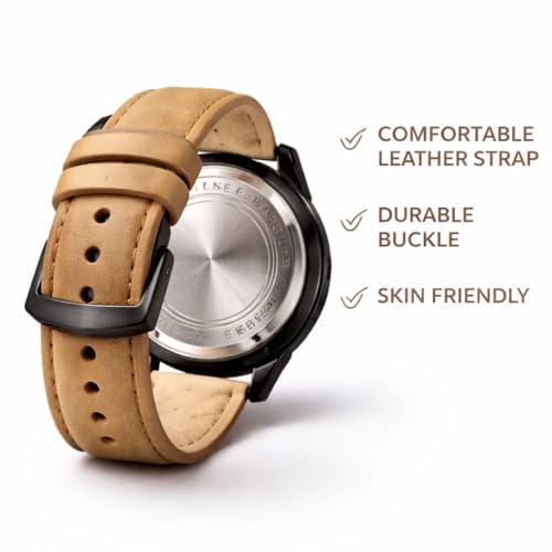 Image of Chronograph Watch, Black Case with Tan Leather Strap, Gold Dial, Multi-Function Display