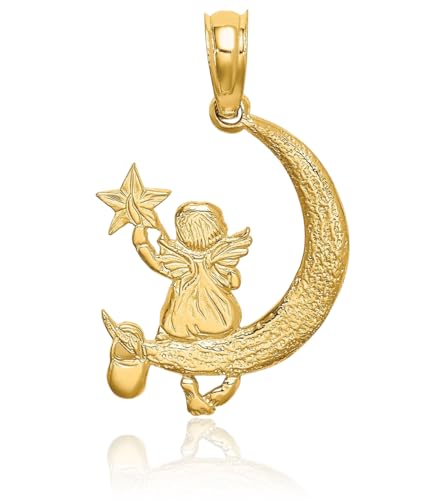 IceCarats 14K Solid Yellow Gold Guardian Angel Star Half Crescent Moon Necklace Protect Us Cherub Pendant Religious Charm3