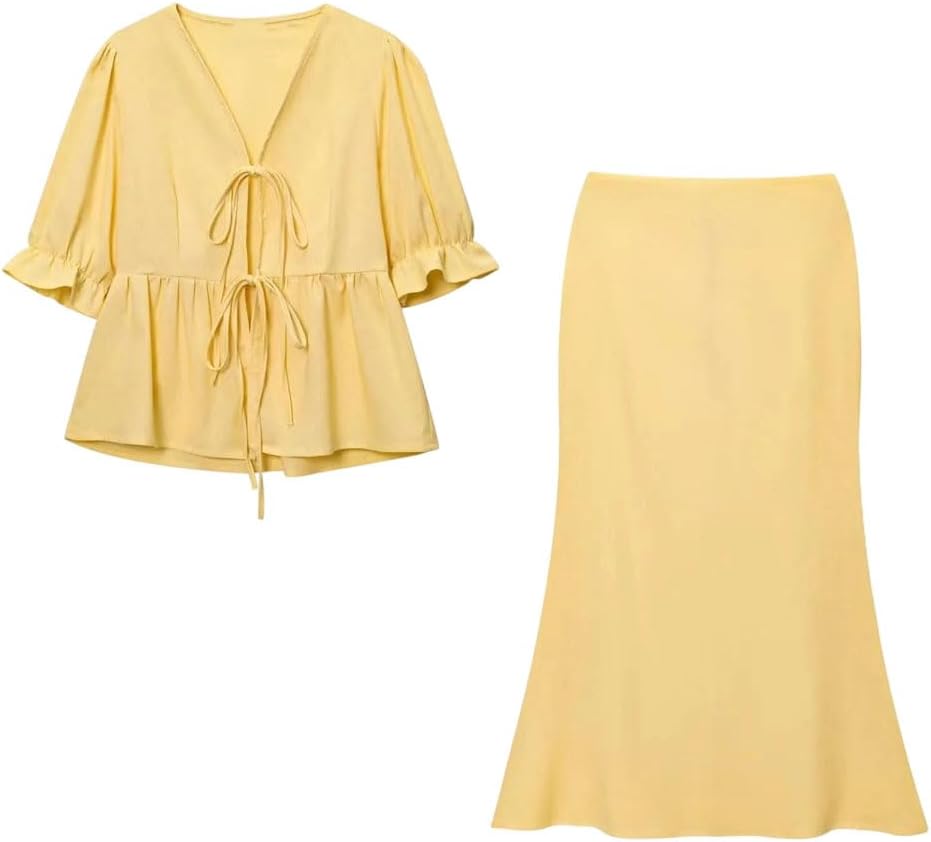 Women's Elegant Skirt Set Lace-Up Puff Sleeve Shirt Summer Party Set