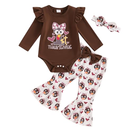 Honganda Newborn Baby Girl Thanksgiving Outfit Ruffle Long Sleeve Romper+Turkey Flare Pants+Headband 3Pcs Clothes Set (Brown-white, 12-18 Months)
