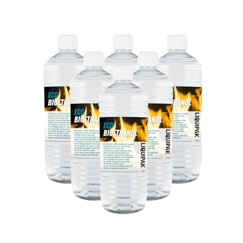 Liquipak Eco Bioethanol 6x1L | Premium Bioethanol Fuel - Bio Ethanol Liquid Fuel for Fire Pits, Fireplaces | High Purity Burning - Indoor & Outdoor 1x6L
