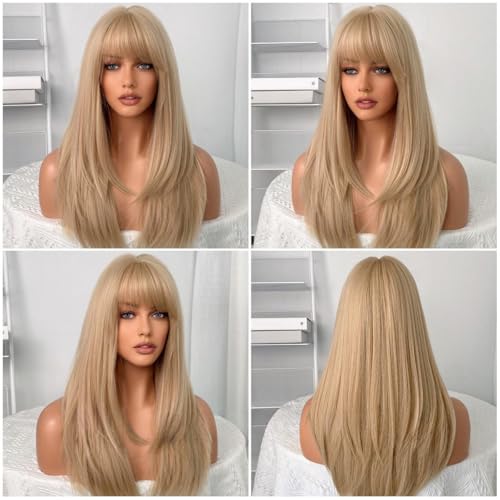 Gold Long Wigs Human Hair - Breathable Glueless Bangs