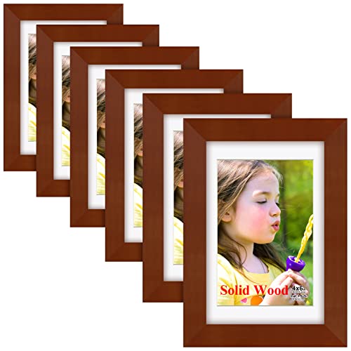 RR ROUND RICH DESIGN 4x6 inch Picture Frames Made of Solid Wood and HD Glass Display Photos 3.5x5 with Mat or 4x6 Without Mat 6PK Brown