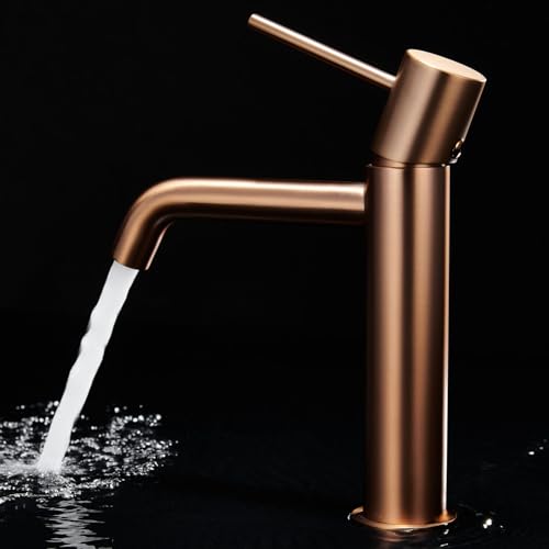 IMEX - Grifo Lavabo Oro Rosa Cepillado | Grifo Baño Monomando con Agua Fria y Caliente | Grifo de Caño Bajo Fabricado con Latón | Ahorro de Agua y Fácil Instalación | Serie Monza