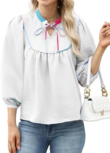 Womens Babydoll Tops Lantern Sleeve Shirts V Neck Loose Fit Cute Peplum Flowy Blouses