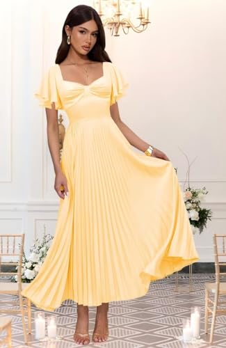 Dessiny Women's Short Sleeve Satin Bridesmaid Dresses with Slit Long Pleated Formal Evening Dress 2025 DE4083