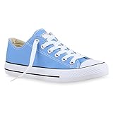  stiefelparadies Damen Sneakers Spitze Denim Sport Strass Stoff Blumen Prints Textil Sneaker Low Schuhe 133784 Hellblau Ambler 41 Flandell