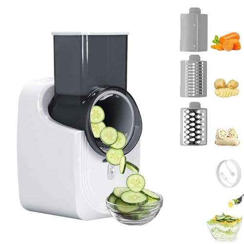 Rallador De Queso Eléctrico, Cortador De Verduras De 50W con 3 Juegos De Cuchillas, Picador De Verduras Eléctrico con Gran Tolva, Acero Inoxidable, Desmontable para Queso, Verduras Y Frutas