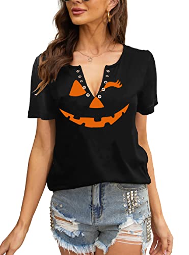 MAIHUN Halloween Pumpkin Face Shirts for Women Hocus Pocus Shirt Funny Pumpkin Tee Tops3