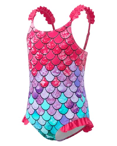 JiAmy Girls Mermaid Swimsuit One Piece Swimwear with Ruffle Straps Toddler Kids Bathing Suit Scale Print Swimming Costume for Rose-Mermaid 100