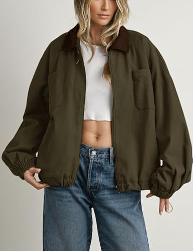Meyhad Women’s Barn Jacket Corduroy Collar Zipper Utility Jacket Cinchable Hem Workwear Jacket with Pockets(0988-ArmyGreen-L)