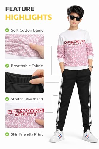 Image of LilBits Boys Summer Co Ord Set | Cotton Blend Printed T-Shirt & Track Pants Outfit | Kids Casual Top Bottom Clothing Set 2-16 Years