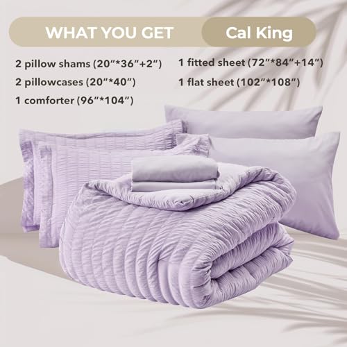 Image of HYMOKEGE Lavender California King Comforter Set Seersucker 7 Pieces, All Season Luxury Bed in a Bag for Bedroom, Bedding Set with Comforters, Sheets, Pillowcases & Shams
