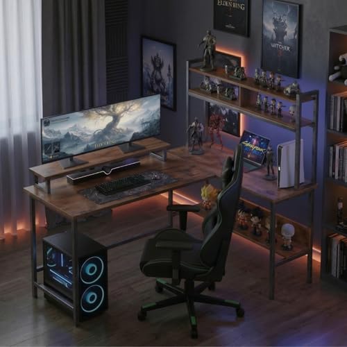 Image of TEKAVO Tonny L Shape Table for Home Office, Computer Table for Home Pc, L Shaped Office Table, Gaming Work Desk | with Book Shelf + Monitor Riser, Brown Wood, Metal (124 x 48 x 75 Cm) | DIY