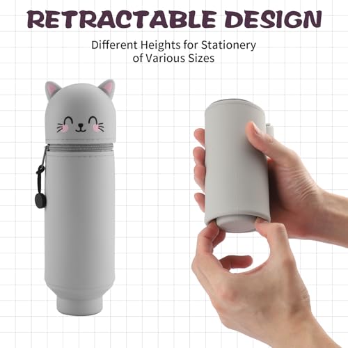 Zosenyer 2-in-1 Weiche Federmäppchen, Kawaii Federmäppchen Katze, Silikon Kitty Stifte Mäppchen, Stand Up Tischstifthalter, Schulmäppchen mit Reißverschluss für Buntstifte Marker